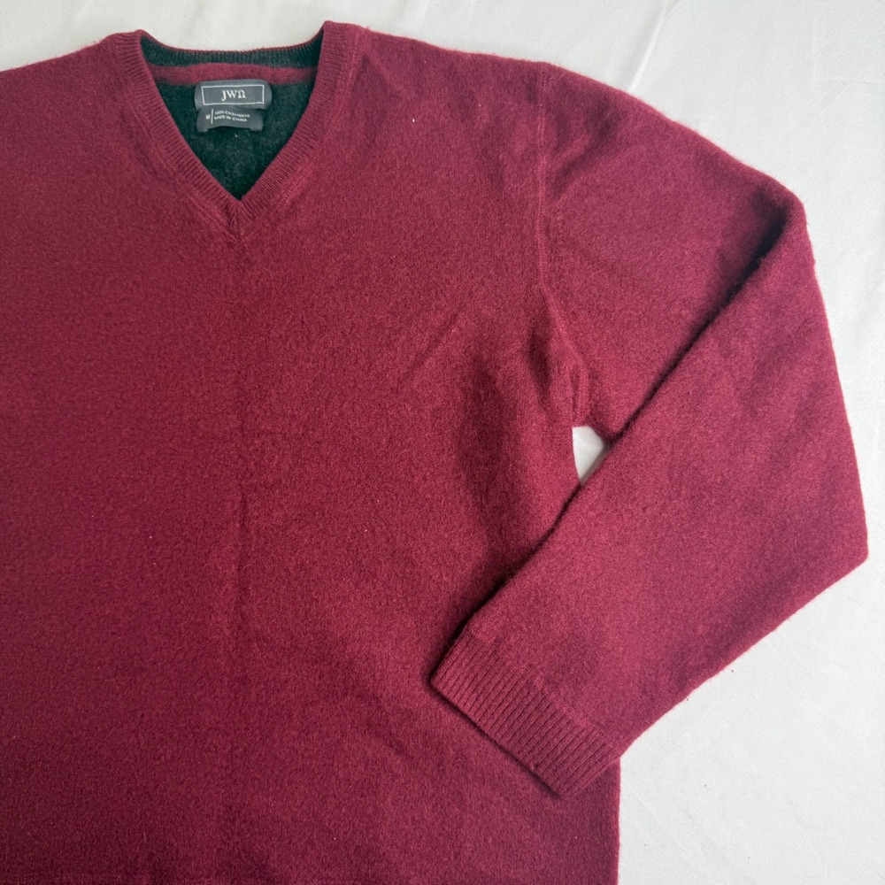 JWN 100% Cashmere V-Neck Sweater Burgundy Wine Red Long Sleeve Knit Pullover M